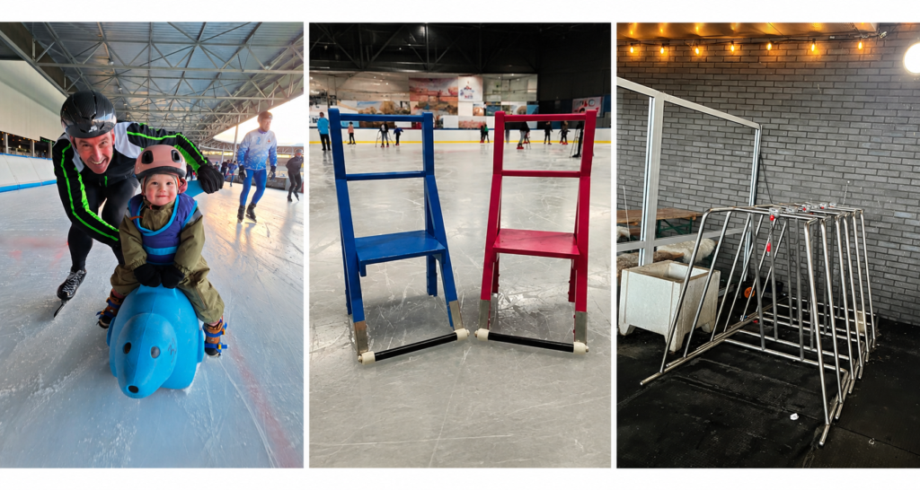 Drie verschillende schaatshulpjes die beschikbaar zijn bij De Meent